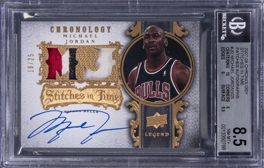 2007-08 Upper Deck Chronology "Stitches In Time" #JO Michael Jordan Signed Jersey Patch Card (18/25) - BGS NM-MT+ 8.5/ BGS 10